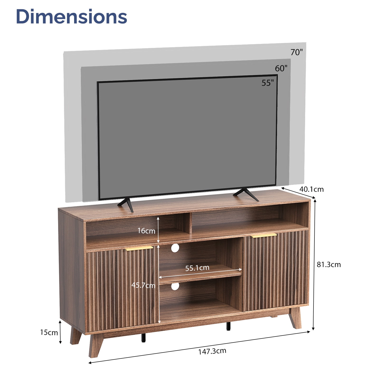 Ktaxon Modern Fluted TV Stand for 55/60/65" TVs, Wood Entertainment Center with 2 Doors and 4 Open Shelves Storage for Living Room, Home, Dark Walnut