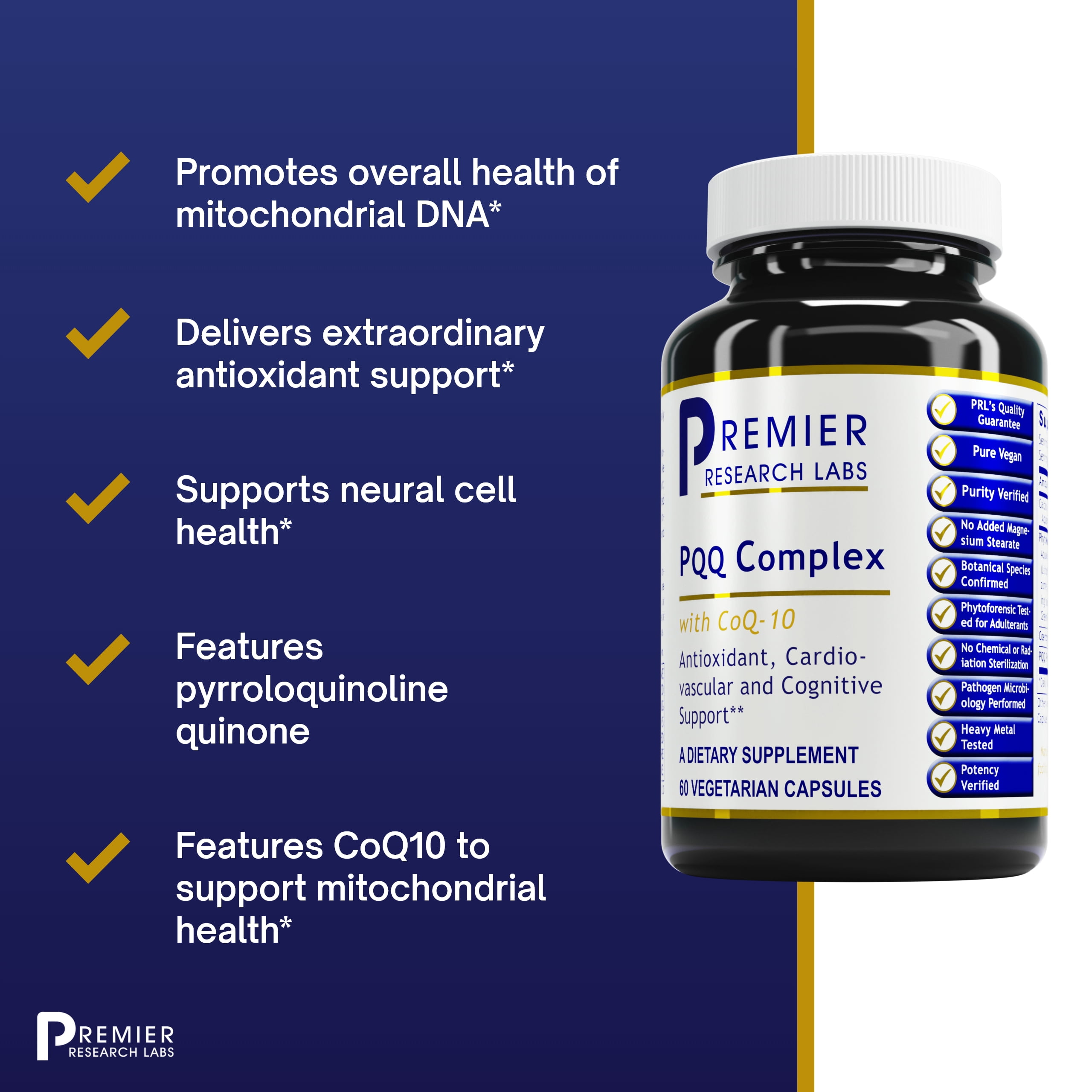 Premier Research Labs PQQ Complex with CoQ10 - Supports Antioxidant & Cardiovascular Health* - Coenzyme Q10 - Mitochondrial Supplement - Pure Vegan - 60 Plant-Source Capsules