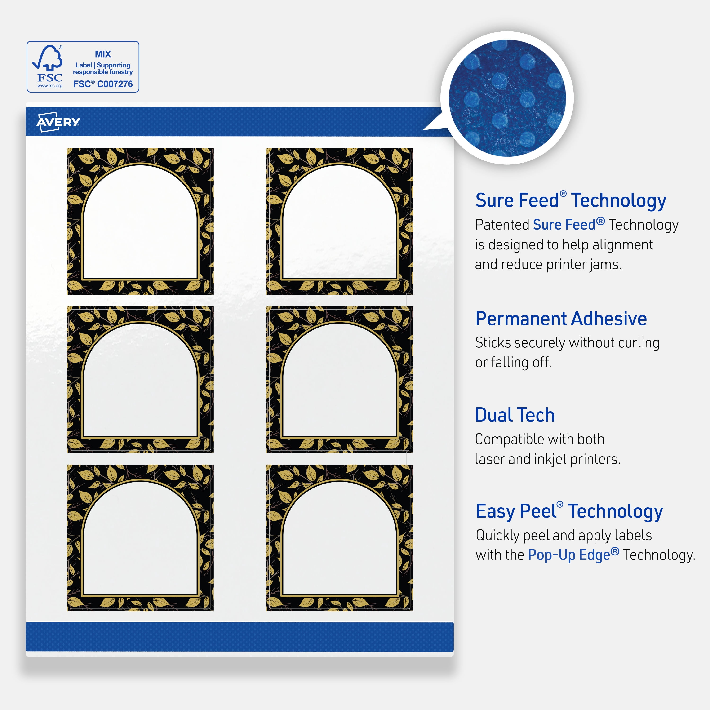 Avery Square Labels, 3" x 3", Arch with Gold Leaves Design, Glossy
