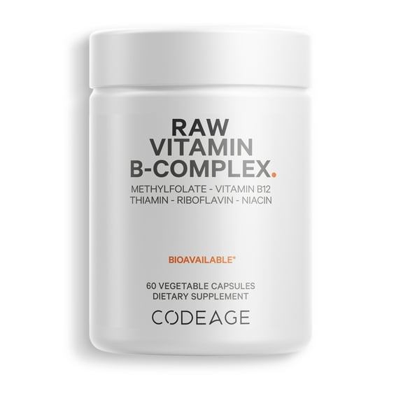 Codeage Raw Vitamin B-Complex Supplement - Essential B Vitamins with Probiotics, Digestive Enzymes, Fruits & Vegetables - 2-Month Supply - Methylfolate - Biotin - Vitamin B12 - Non-GMO - 60 Capsules