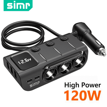 3 Socket Cigarette Lighter Adapter 3 USB 2 Type C Port Quick Car Charger Splitter with LED Voltage Display and on/off Switch for iPhone Samsung