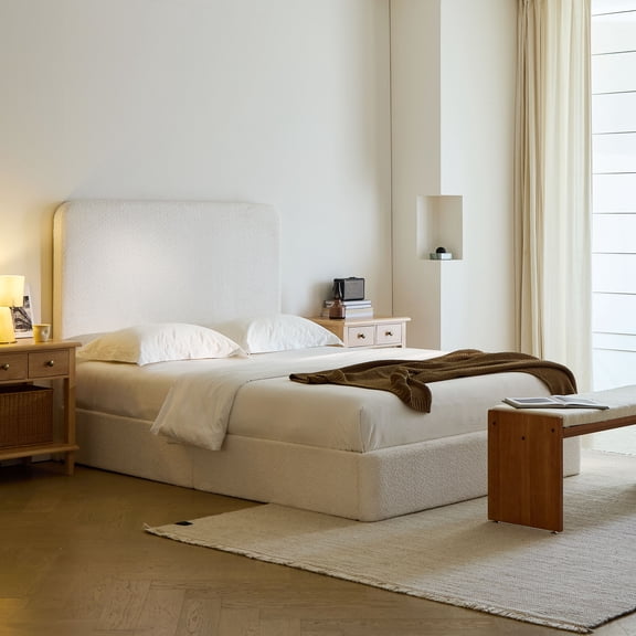 Miniyam Queen Upholstered Platform Bed Frame with 52" Tall Headboard, Chenille Bed with Wooden Slats, No Box Spring Required, White