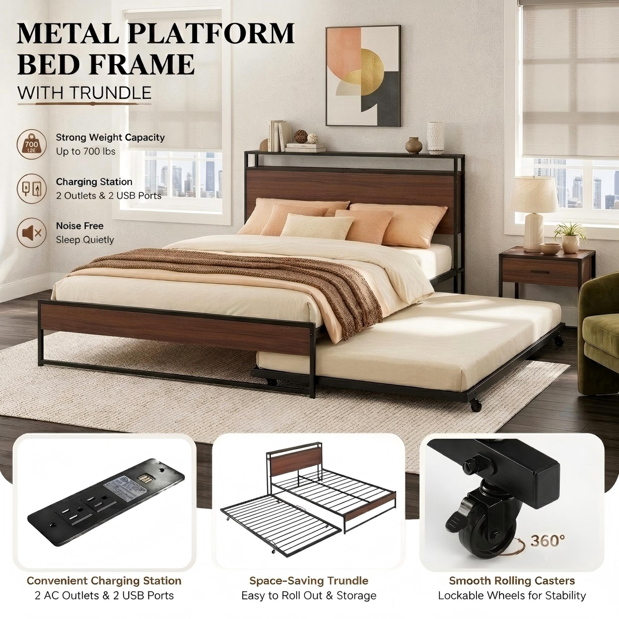 Aukfa Queen Size Metal Bed Frame with Trundle, USB Charging Ports and Storage Headboard, Modern Platform Bed with Wood Accents, Black