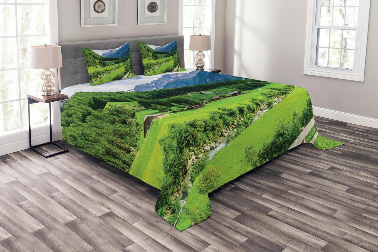 Mountain Bedspread Set Queen Size, Alpine Landscape with Meadow