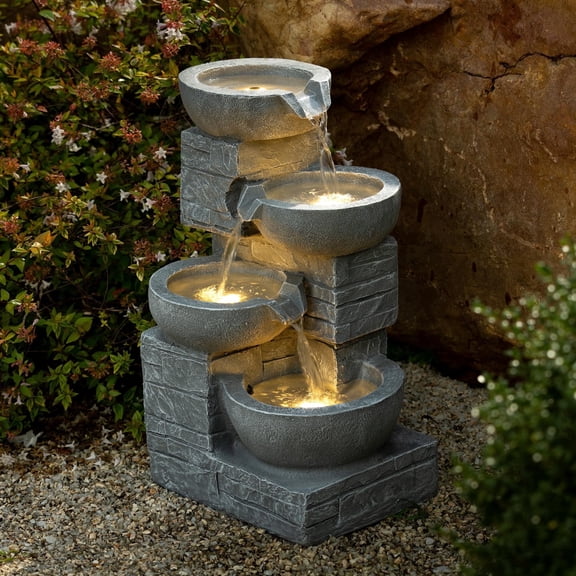 Outdoor Water Fountain with LED Light, 4-Tiers 21.85" Waterfall Fountain, Indoor/Outdoor Floor Standing Water Feature for Garden, Patio