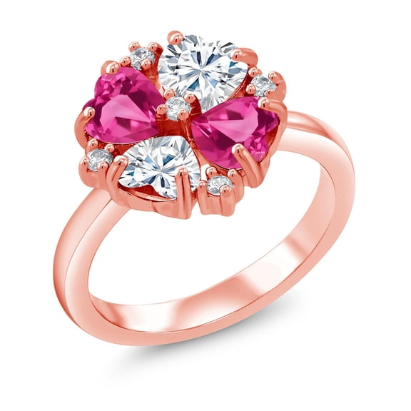 Gem Stone King 18K Rose Gold Plated Silver Pink Created Sapphire and White Moissanite Ring for Women (2.12 Cttw, Heart Shape 5MM, Gemstone September Birthstone, Size 8)
