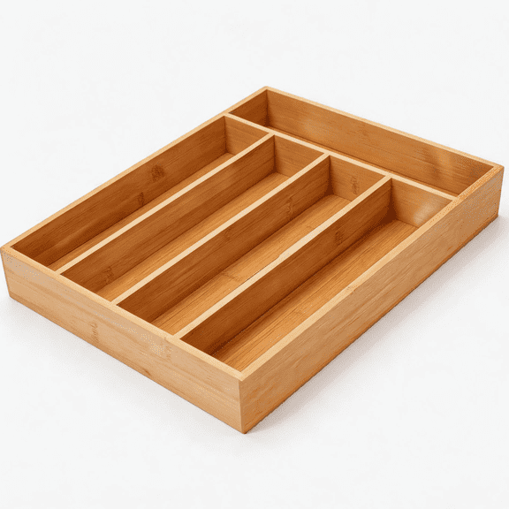 Xrgnb 5-Slot Natural Bamboo Silverware Drawer Organizer, Cutlery & Kitchen Utensil Storage Tray for Flatware