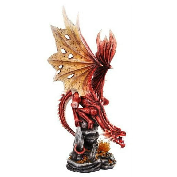 19.5 Inch Fire Breathing Red Dragon on Cascading Rock Statue Figurine