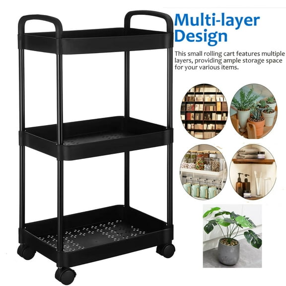 UEETEK Rolling Cart Utility Cart Black Plastic 1Pcs 28.3x14.8x10.2in