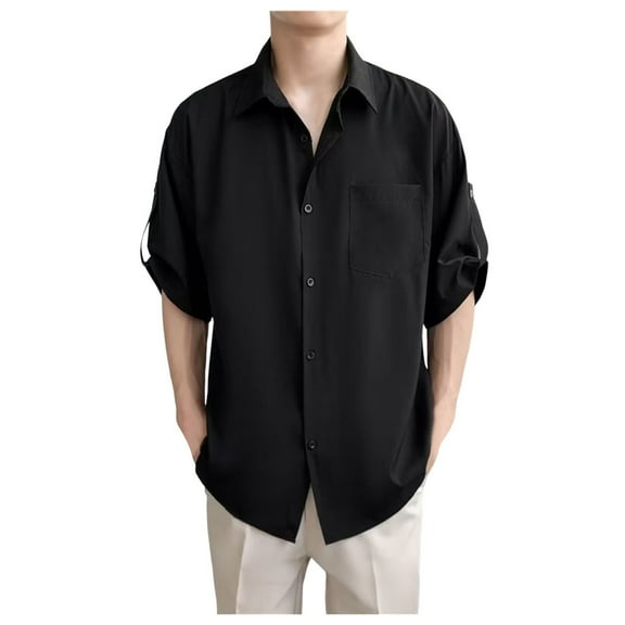 Mens 3/4 Sleeve Shirts Solid Color Untucked Business Casual Shirt Casual Button Down Shirts Regular Fit Summer Vacation Tops,Black,XL