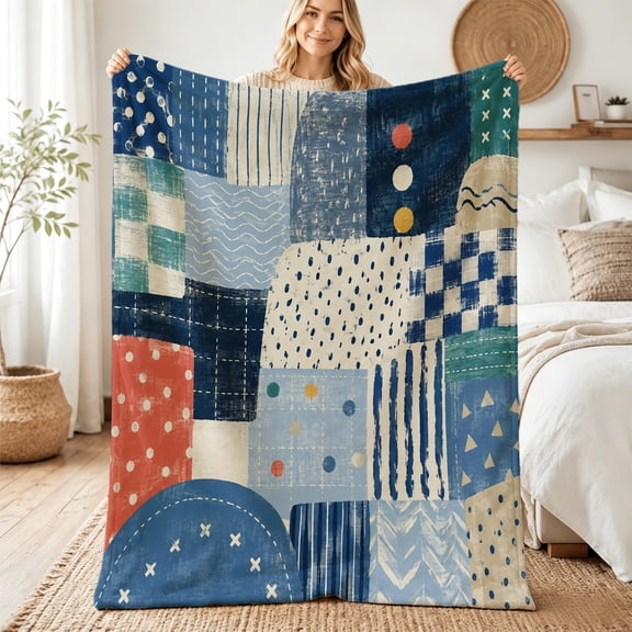 Taplcvy Denim Plaid Patchwork Quilt Flannel Throw Blanket, Unique Decor Gift, 30" x 40"