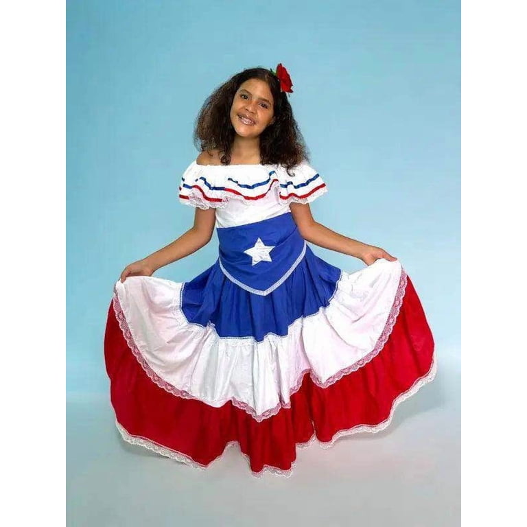 Puerto Rican Traditional Fiesta Dress for Girls with Flag & White Star