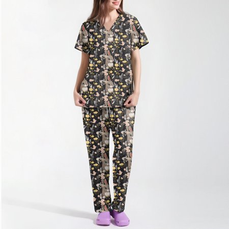 Nursing Scrubs,Women s Short-Sleeve Easter Print Nursing Scrubs Set with Pockets,Black,S