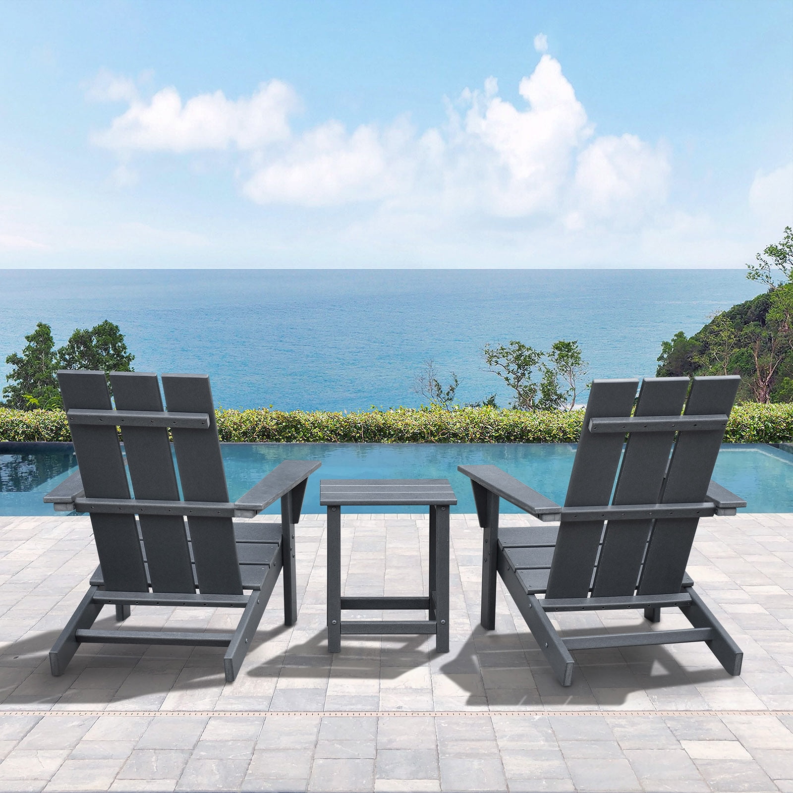 JP OUTDOOR Durable Comfortable Weather-resistant Adirondack Chairs Set of 2 with Table, HDPE Plastic for Outdoor, Gray