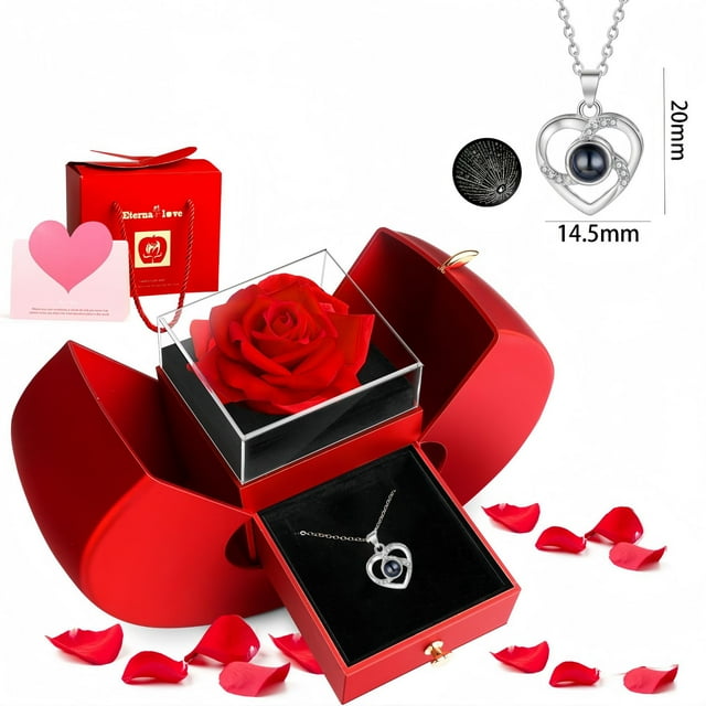 Sdmnsg-T Vraie Rose Préservée avec Cœur Je t'Aime Colliers pour Femmes - Fleurs Rouges Éternelles Cadeaux pour Elle Ensemble Cadeau Romantique pour Petite Amie Anniversaire de Mariage à la Saint-Valentin Fête des Mères Noël