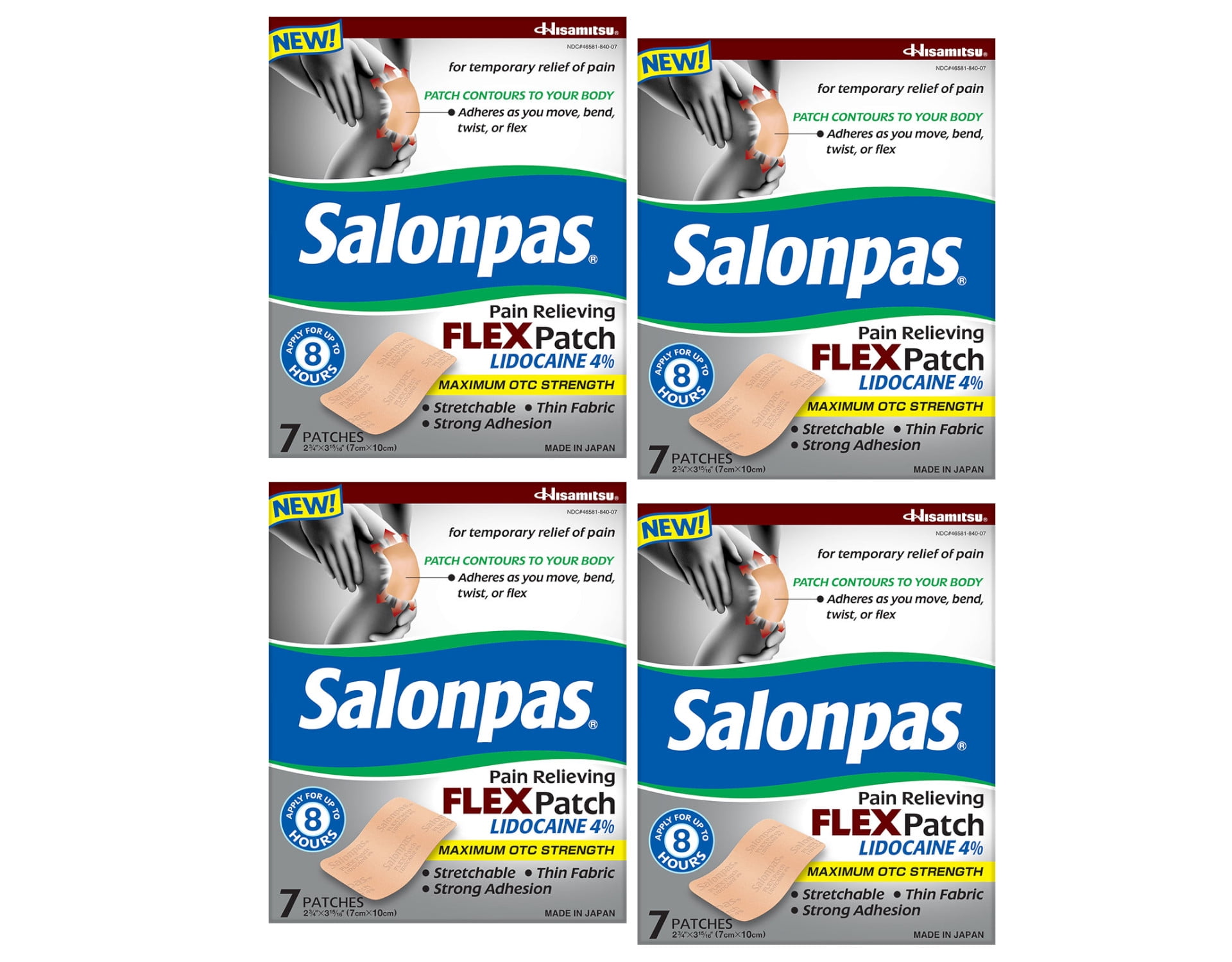Salonpas Pain Relieving Flex Patch Lidocaine 4, 7 Count Pack of 4