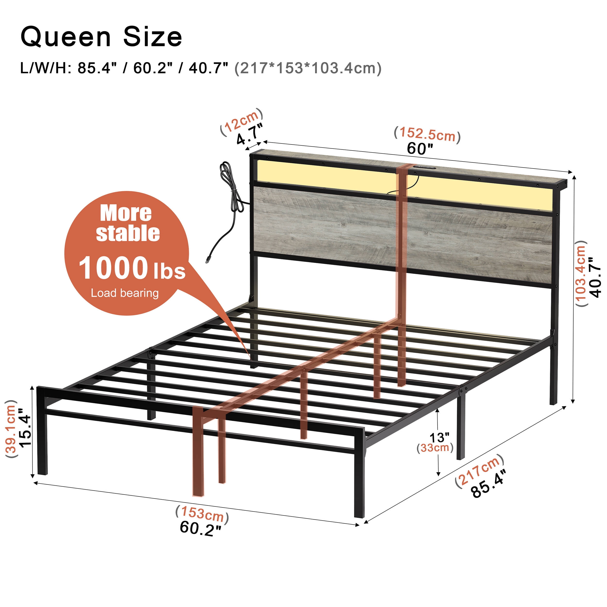 GUNAITO Queen Bed Frame with Headboard Metal Platform Bed with LED Lights and Charging Statio, Grey