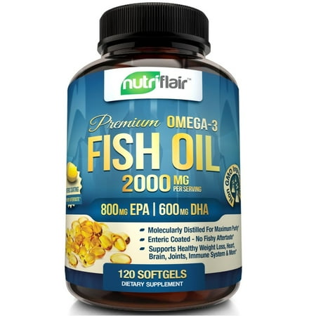 Triple Strength Fish Oil NutriFlair Premium Omega 3 Fish Oil Supplement, 120 Softgels - Enteric Coating Pills - Burpless, No Fishy Aftertaste - Triple Strength EPA 800mg + DHA 600mg - Joint, Heart and Brain Health Formula ()