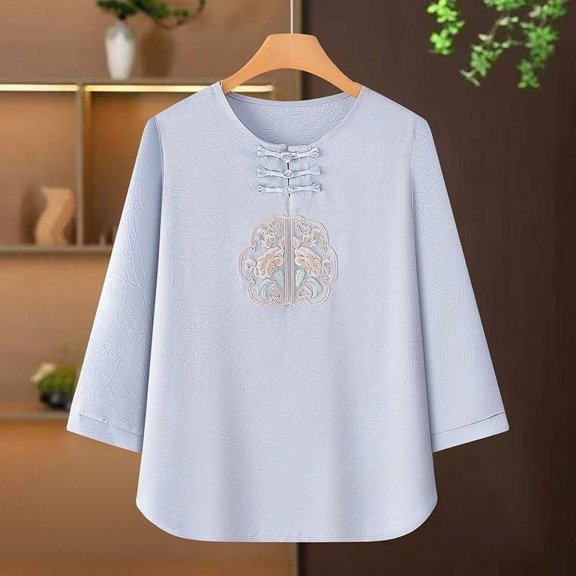Viluyesy Round Neck Embroidery T-Shirt for Womens 3/4 Sleeves Shirt Tops Loose Blouse Blue Size 3XL