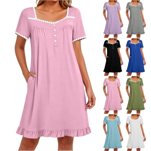 Sentmoon Prom Dresses for Women Modest Dress Summer 2026 Solid Color Short Sleeve Square Neck Pleated Loose Fit Tunic Dress with Pockets for Festival and Music Event S-XXL