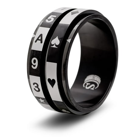 CritSuccess Playing Cards Dice Ring with a Full Deck Die Spinner (Size 14 - Stainless Steel - Black)