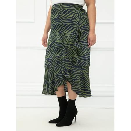 ELOQUII Elements Women's Plus Size Zebra Print Satin Ruffle Midi Skirt