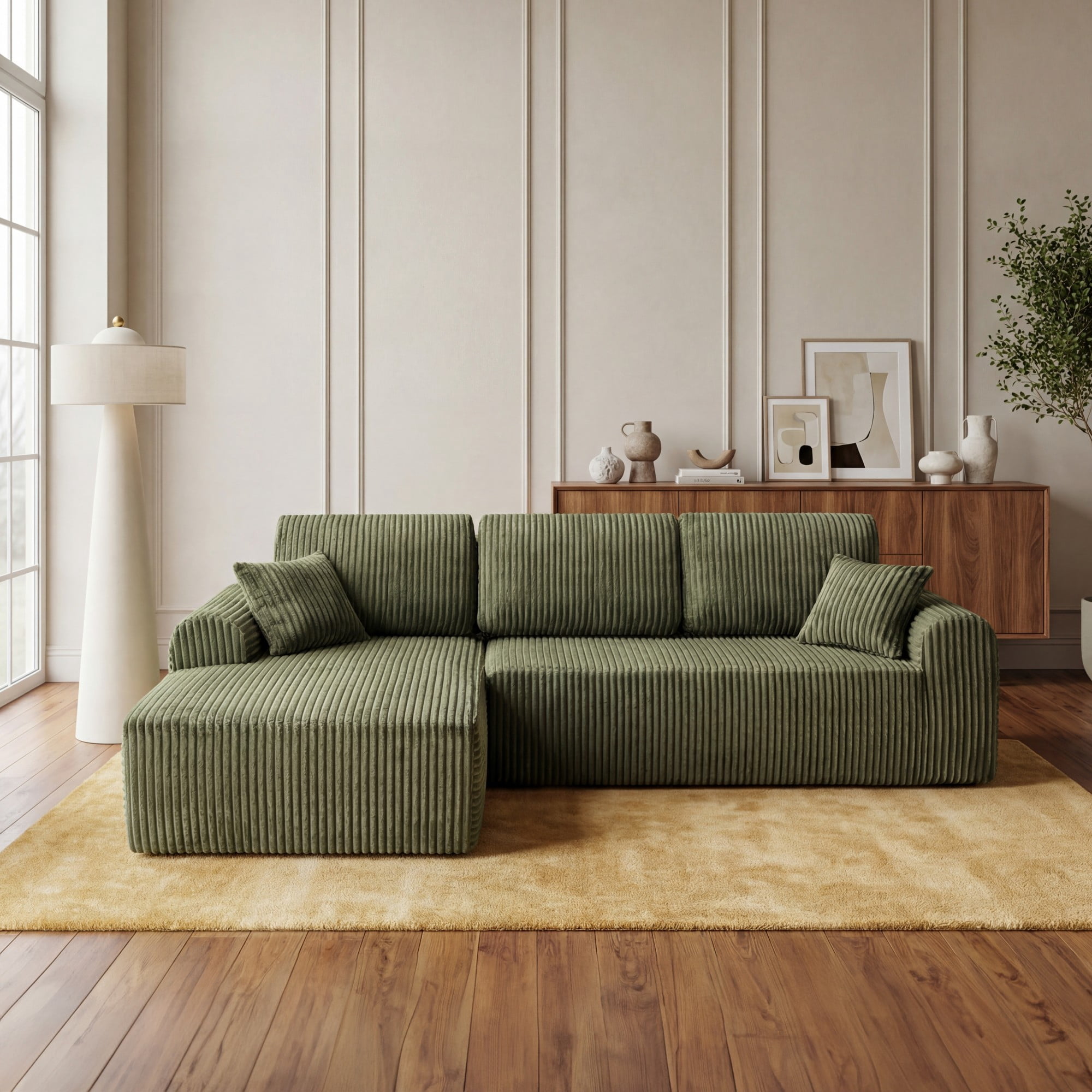 DEALTOPS 109" Corduroy L-Shape Floor Cloud Couch, Deep Seat Modular Sectional Sofa, Left Chaise, Green