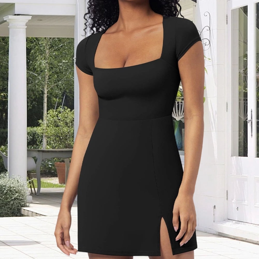 adaychics Tennis Dress for Women Square Neck Split Summer Casual Tennis Dress Short Sleeve Athletic Mini Dress for Running
