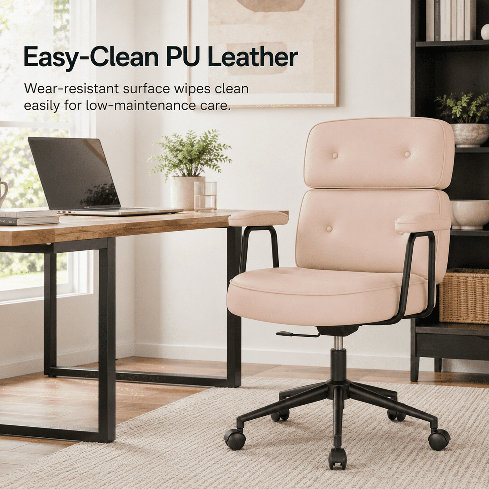 Alvantor Ergonomic Office Chair, PU Leather Computer Chair Lumbar Support, Adjustable Height, Rolling Swivel, Executive Task, Padded Armrests for Vanity, Study