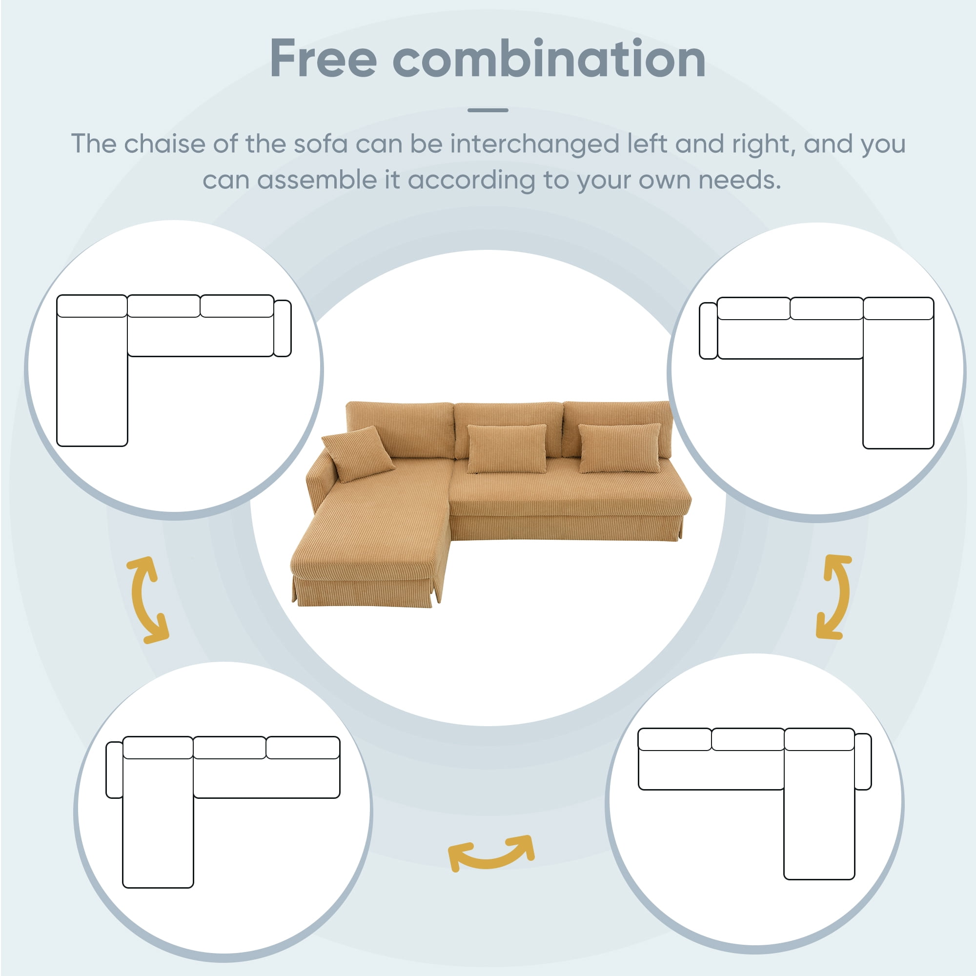 L-shaped Sectional Sofa with Reversible Chaise,4-seat Upholstered Sectional Corduroy Sofa,Convertible Sleeper Couch with Pillows for Living Room,Yellow
