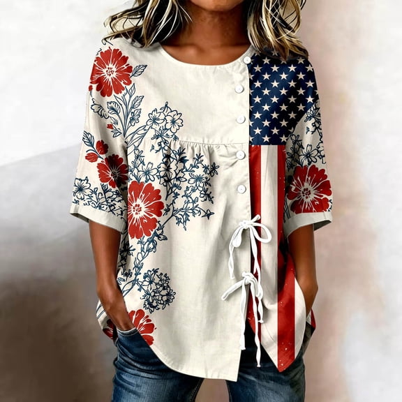 FASHOFT 250th Anniversary USA Linen Shirt Women American Flag Print Summer Casual 3/4 Sleeve Shirt Tie Blouse Top Independence Day Outfits Beige L