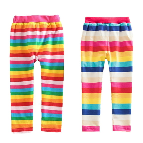 Godderr Baby Kids Girls Leggings Rainbow Striped Casual Tights Pants Toddler Stretchy Pant Stripes Printed Pants Size 2-8Years