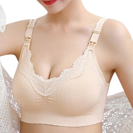 Fadeal Bralettes for Women Lace Women s Nursing Bras Front Buckle No Steel Ring Anti Sagging Bras Push Up Bra Beige M