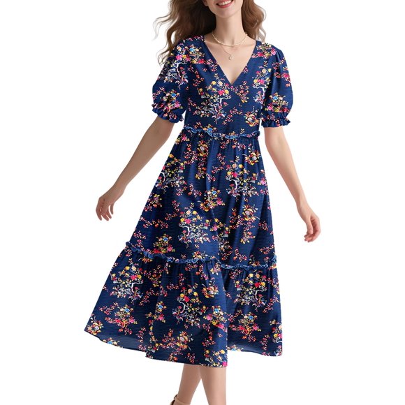 Vestido midi YESNO de verano con estampado floral con cuello en V y manga abullonada para mujer