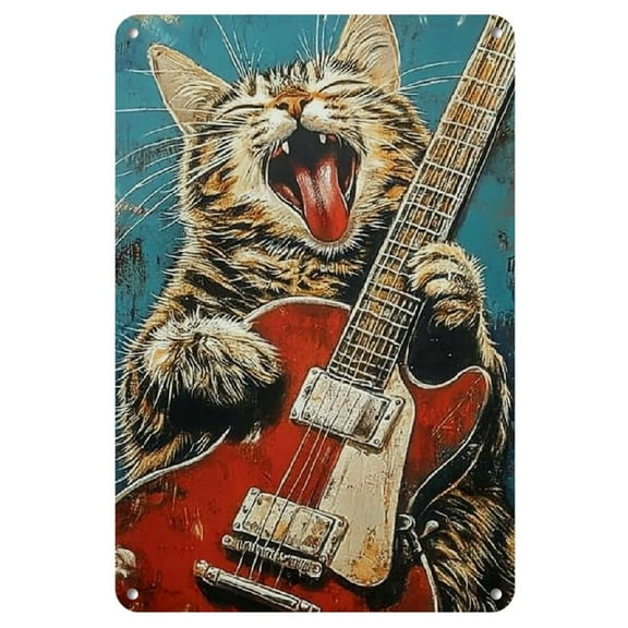 Vintage Rock Music Cat Playing Guitar Metal Tin Sign - Whimsical Wall Art for Music Lovers, Durable Iron with Pre-Drilled Holes, 8x12 Inches, Perfect for Home, Bar, or Office Decor