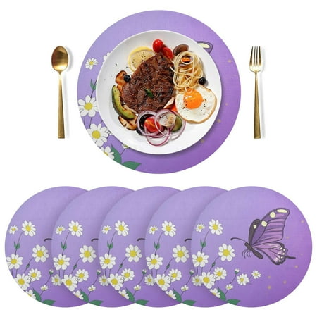 

Round Placemats Plate Mats 15 Inch Non-Slip Heat Resistant Washable PVC Set Table Decoration for Kitchen Dining White Flowers and Purple Butterflies