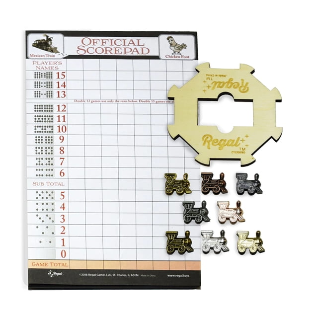 Juego de expansión de dominó de tren mexicano de Regal Games - 8 trenes marcadores de metal con acabados únicos - Buje de madera de repuesto - Hoja de puntuación