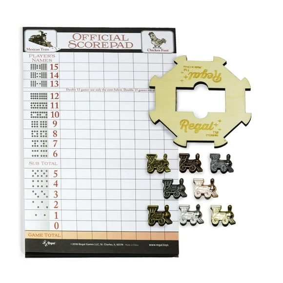 Regal Games Mexican Train Domino Expansion Set - 8 Metal Marker Trains with Unique Finishes - Replacement Wooden Hub - Scoresheet