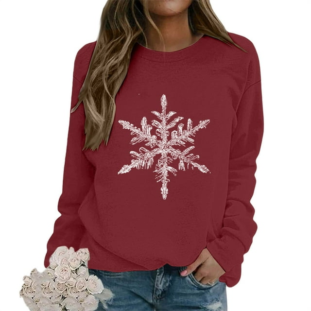 Chandail à Col Rond pour Femmes à Imprimé Flocon de Neige, Haut Décontracté à Manches Longues à Enfiler à Thème Hivernal, Vêtement d'Intérieur en Molleton Français Doux pour l'Automne et l'Hiver, Tenue Quotidienne et Cadeaux des Fêtes - Bourgogne