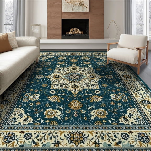 ODIKA 8'x10' Washable Area Rug Non-Shedding, Easy Care, Teal Boho Bug Vintage Scroll Bordered Frame Throw Turquoise Butterfly for King Size Bedroom Under Bed, Master Suite