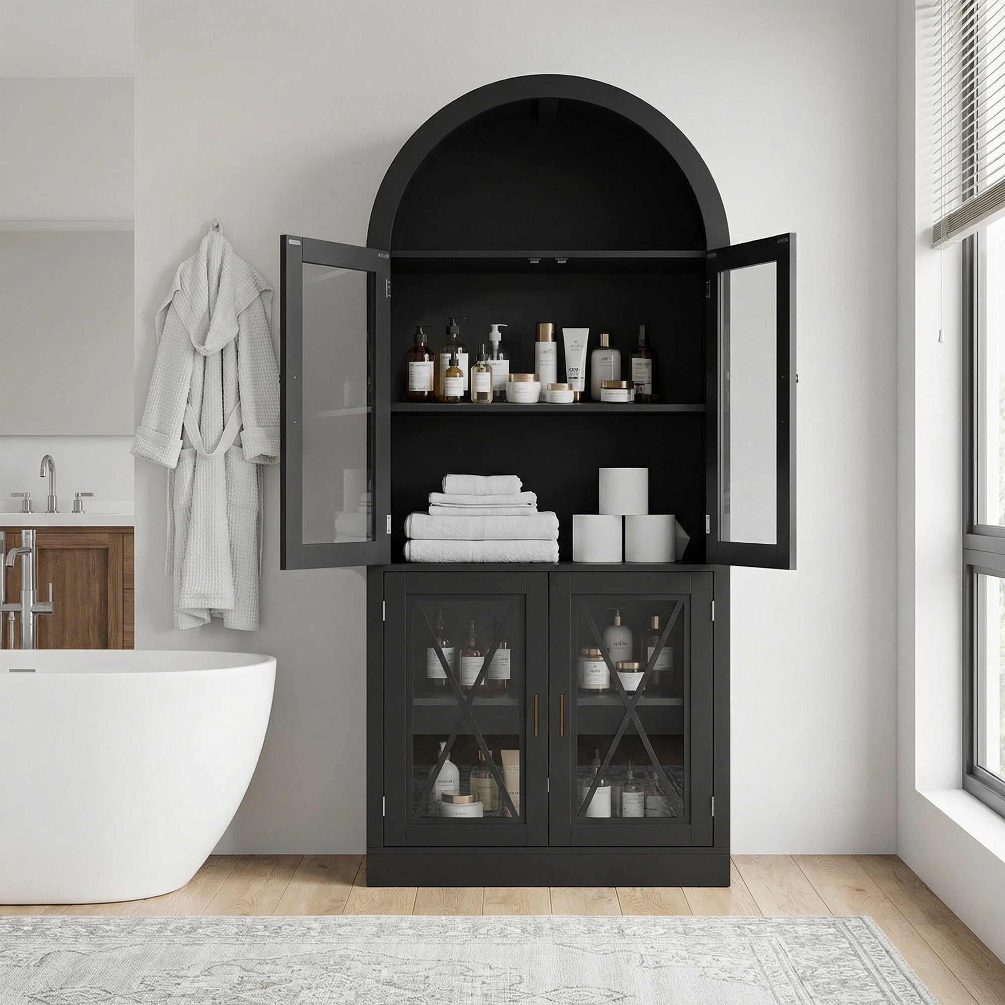 70" Tall Farmhouse Arched Display Cabinet with LED Lighting, Glass Door Storage Cabinet for Living Room or Kitchen Pantry, Black