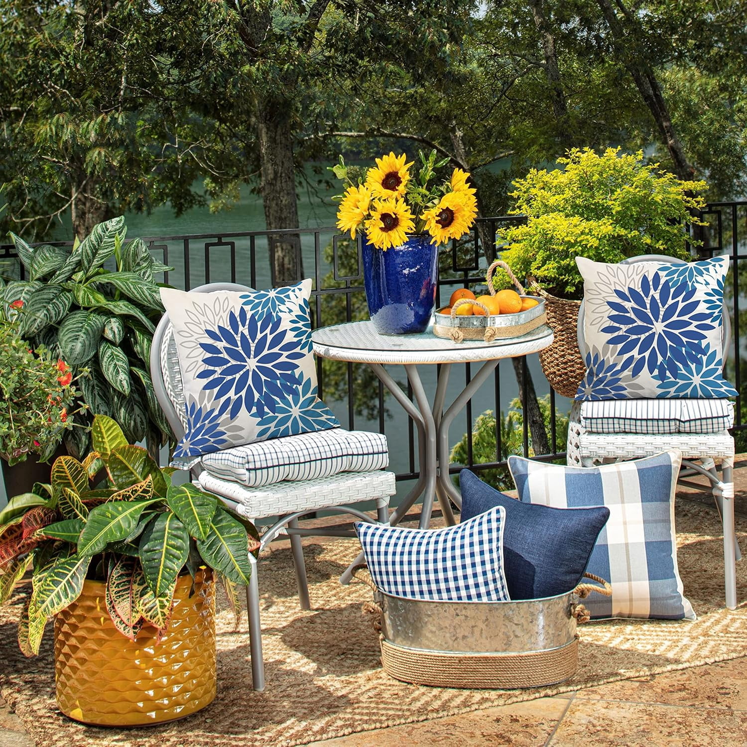 Blue Flower Pillow Covers 20x20 Inch Set of 2 Dark and Light Blue Colored Pillow Farmhouse Outdoor Waterproof Decor for Patio Funiture Garden Summer Floral Square Polyester Pillow Covers 002E20