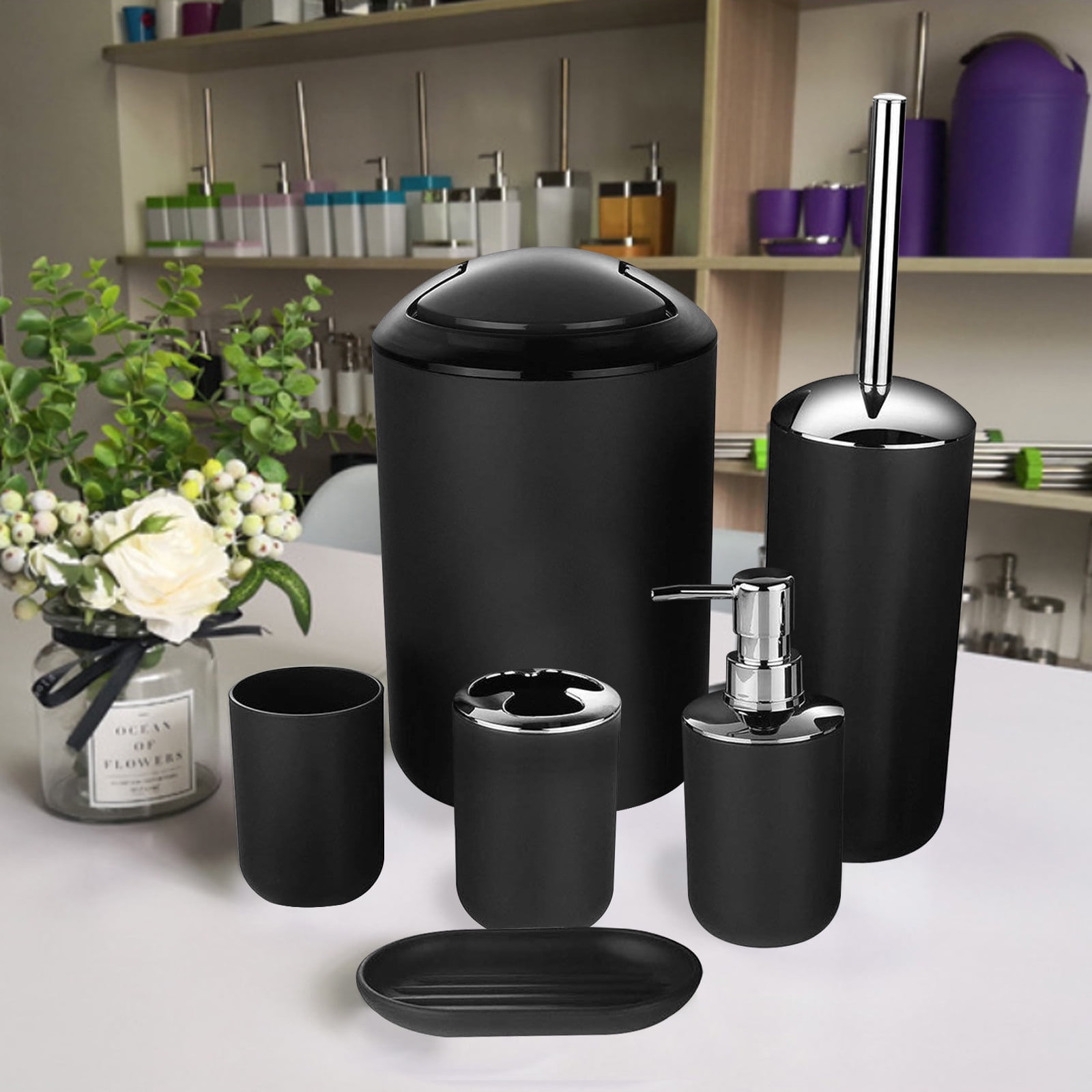 ZZkhGO 6-Piece Bathroom Accessory Set, Complete PP Plastic Toilet Brush Soap Dispenser, Organized Kit with Tumbler Trash Can