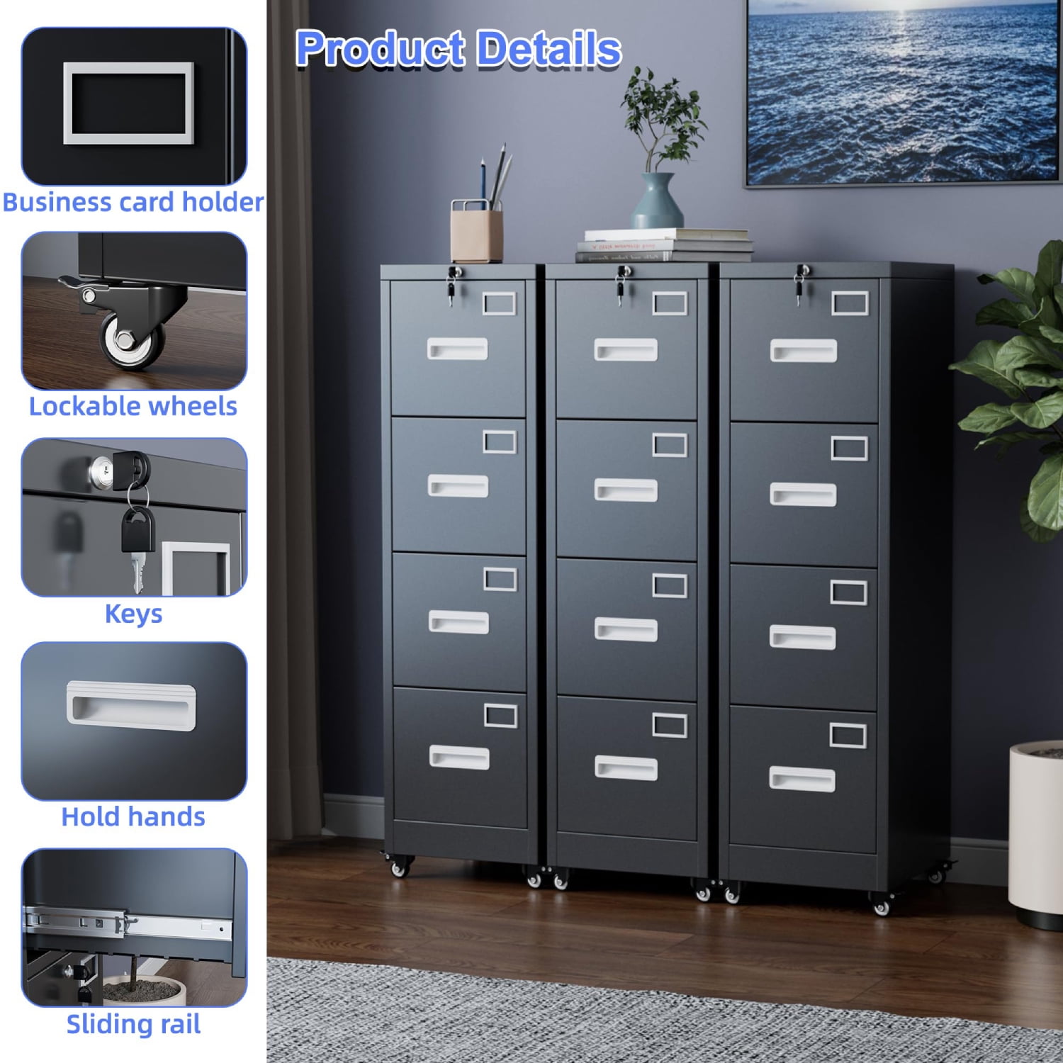 4 Drawer Vertical File Cabinet on Wheels, Lockable Office Storage with Handle & Name Card Slots, Mobile Cabinet for Office & Home, Black