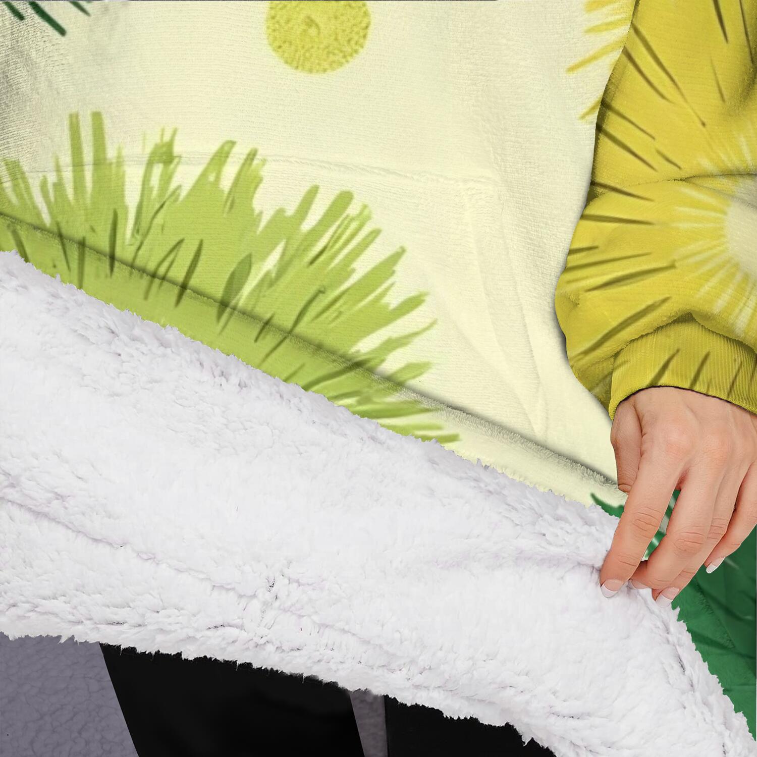 Oversized Wearable Blanket Hoodie,Green Yellow Dandelion Pattern Sherpa Blanket Hoodie with Super Pockets,Super Warm Fuzzy Pullover for Women & Men