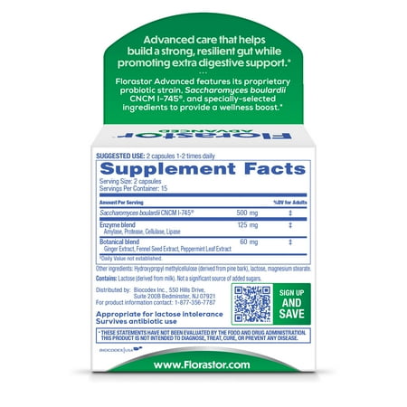 Florastor Unisex Advanced Gas & Bloat Daily Probiotic & Digestive Supplement Capsules, 30 Count