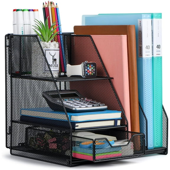 Desk Organizer, File Organizer for Desk with 2-Tier Paper Letter Tray, Drawer and 2 Pen Holder, Mesh Desktop Organization with Magazine Holder for Office Supplies
