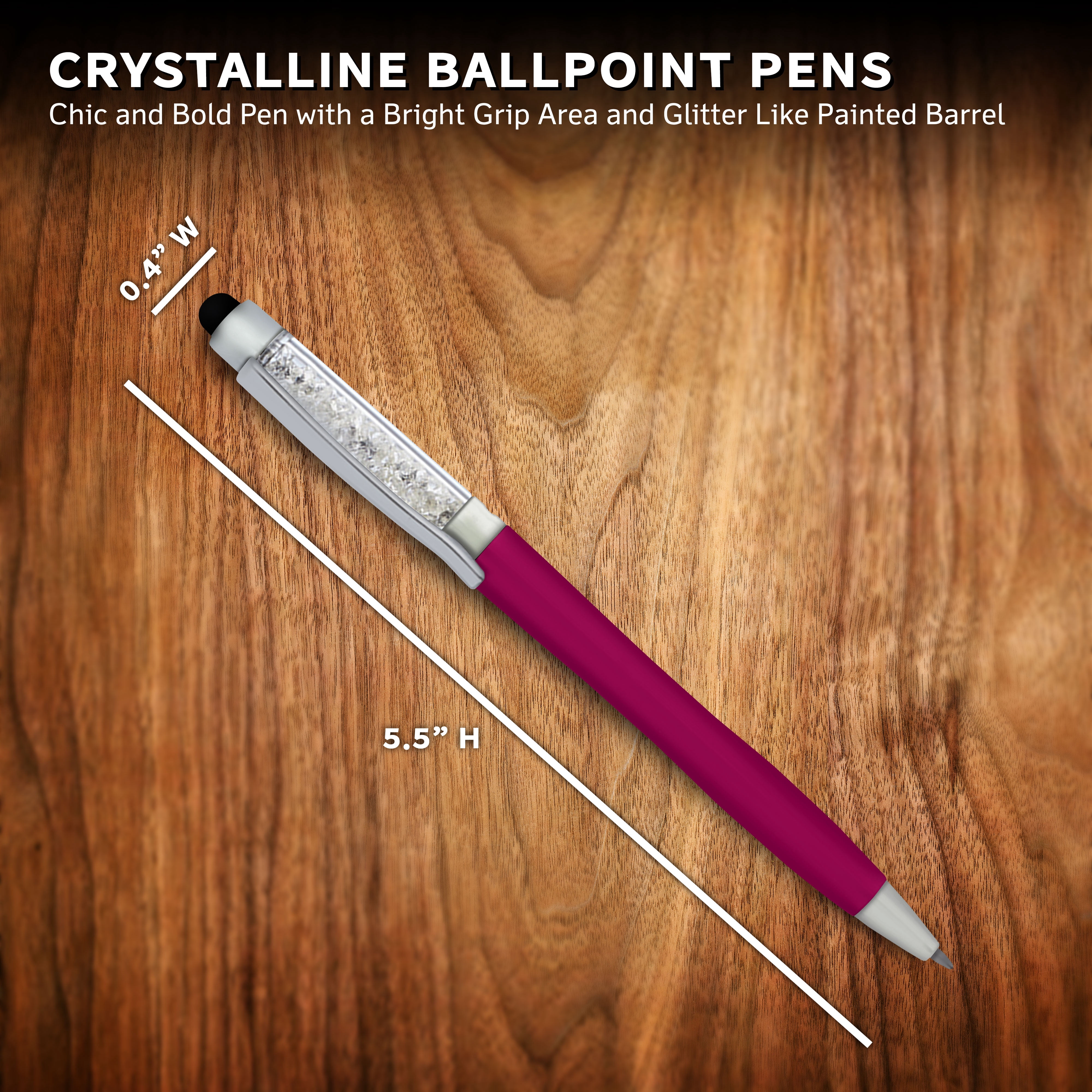 10 Crystalline Ballpoint Pens Pack - Twist mechanism, Black Ink - Pink
