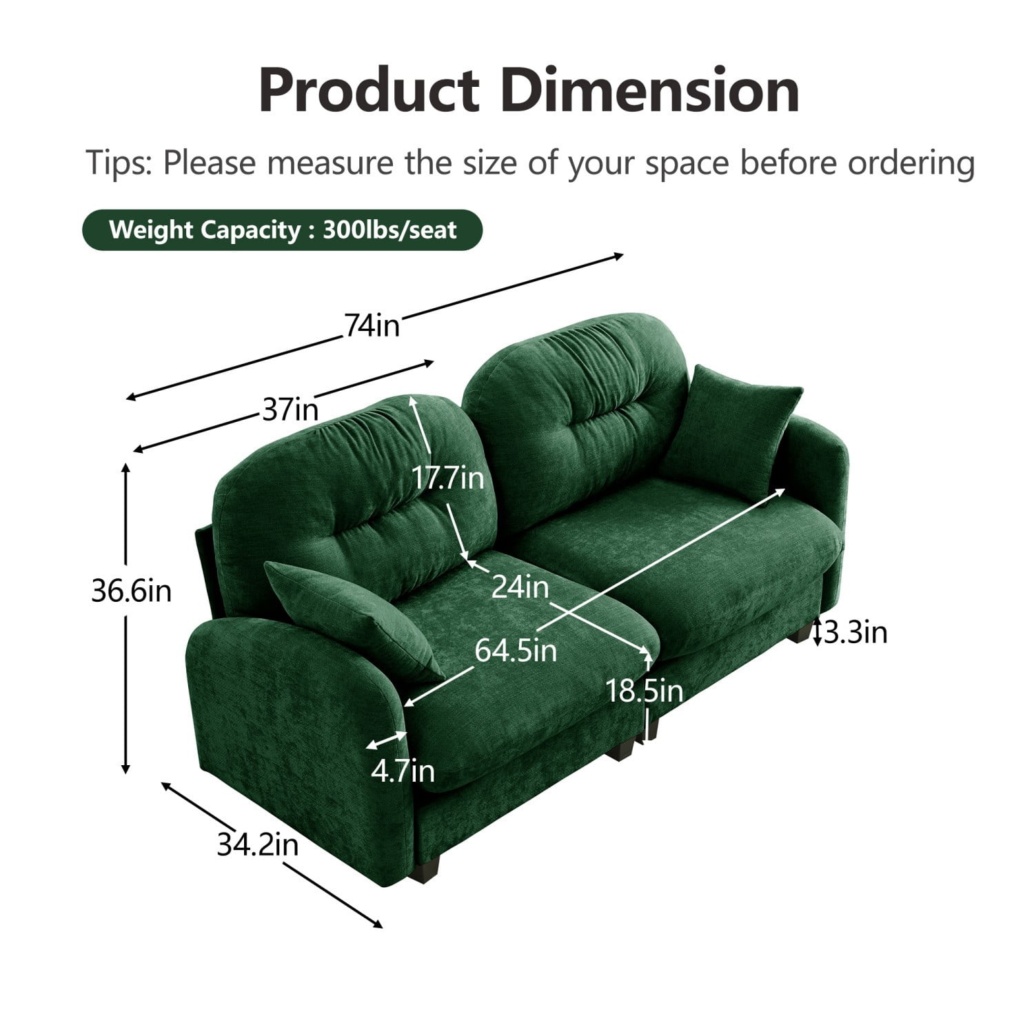 Modular Sectional Sofa Cloud Couch Loveseat Chenille Fabric Tufted Sofa Ergonomic 2-Seater Couch with Wooden Base for Living Room, Apartment, Green