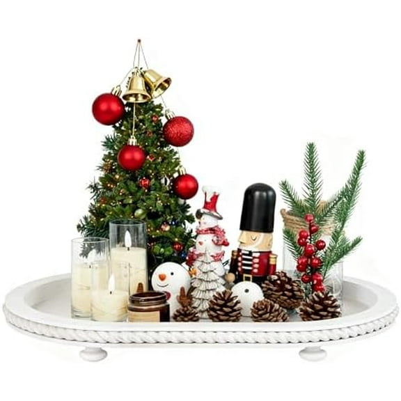 Decorative Trays for Home Decor, Oval Wooden Trays for Coffee Table, White Stripes Tray for Living Room, Kitchen, Farmhouse Centerpiece Decor (1-Pk)